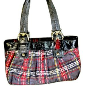 COACH Poppy Signature Tartan Plaid Canvas Shoulder Bag F15228 Red Multicolor